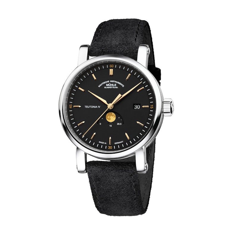 Mühle Glashütte Teutonia IV Mondphase Automatik Edelstahl 41mm schwarzes Zifferblatt schwarzes Textilband