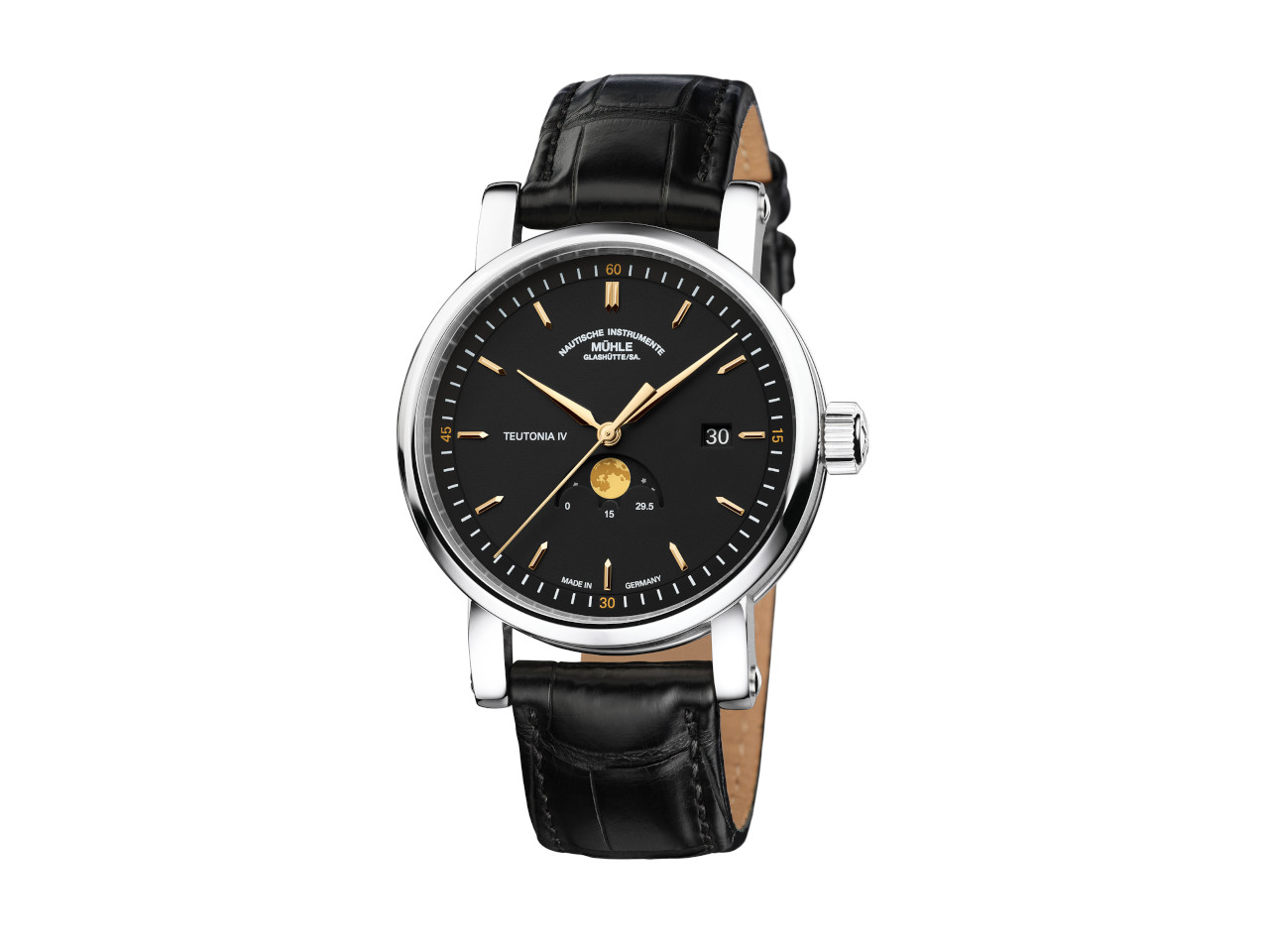 Mühle Glashütte Teutonia IV Mondphase Automatik Edelstahl 41mm schwarzes Zifferblatt schwarzes Lederband