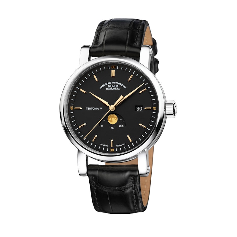 Mühle Glashütte Teutonia IV Mondphase Automatik Edelstahl 41mm schwarzes Zifferblatt schwarzes Lederband