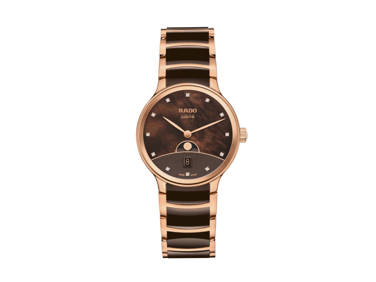 Rado Centrix Diamonds Quarz Edelstahl Roségold-PVD 35mm braunes Perlmutt-Zifferblatt mit Brillanten Metallband