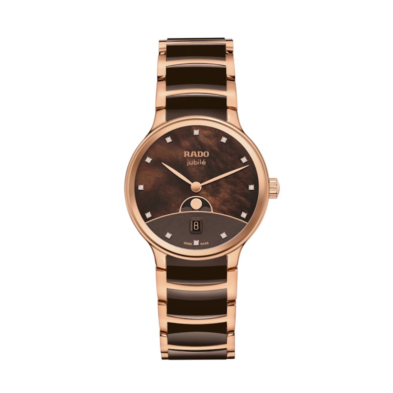 Rado Centrix Diamonds Quarz Edelstahl Roségold-PVD 35mm braunes Perlmutt-Zifferblatt mit Brillanten Metallband