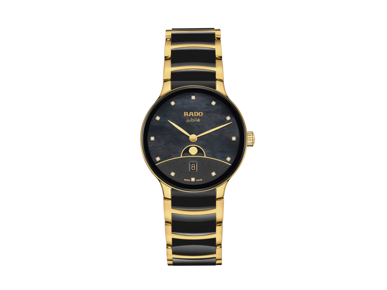 Rado Centrix Diamonds Quarz Edelstahl Gelbgold-PVD 35mm schwarzes Perlmutt-Zifferblatt mit Brillanten Metallband