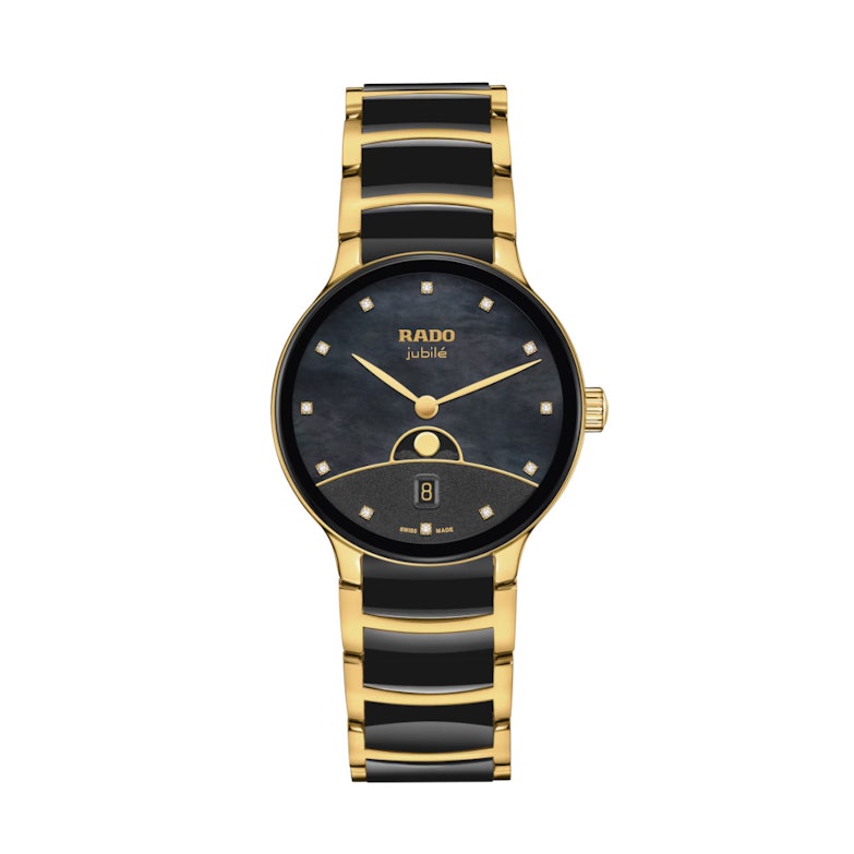 Rado Centrix Diamonds Quarz Edelstahl Gelbgold-PVD 35mm schwarzes Perlmutt-Zifferblatt mit Brillanten Metallband
