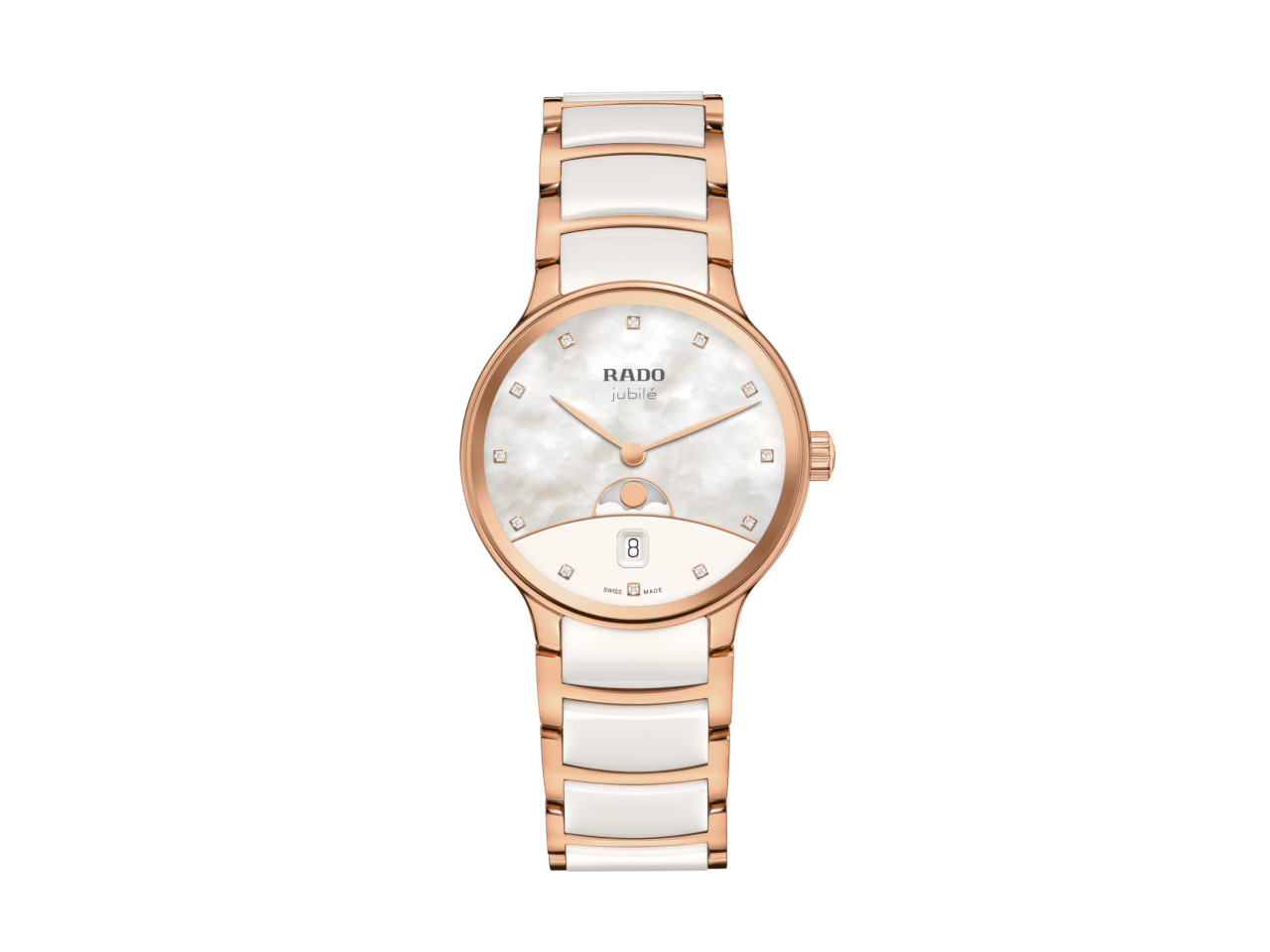 Rado Centrix Diamonds Quarz Edelstahl Roségold-PVD 35mm weißes Perlmutt-Zifferblatt mit Brillanten Metallband