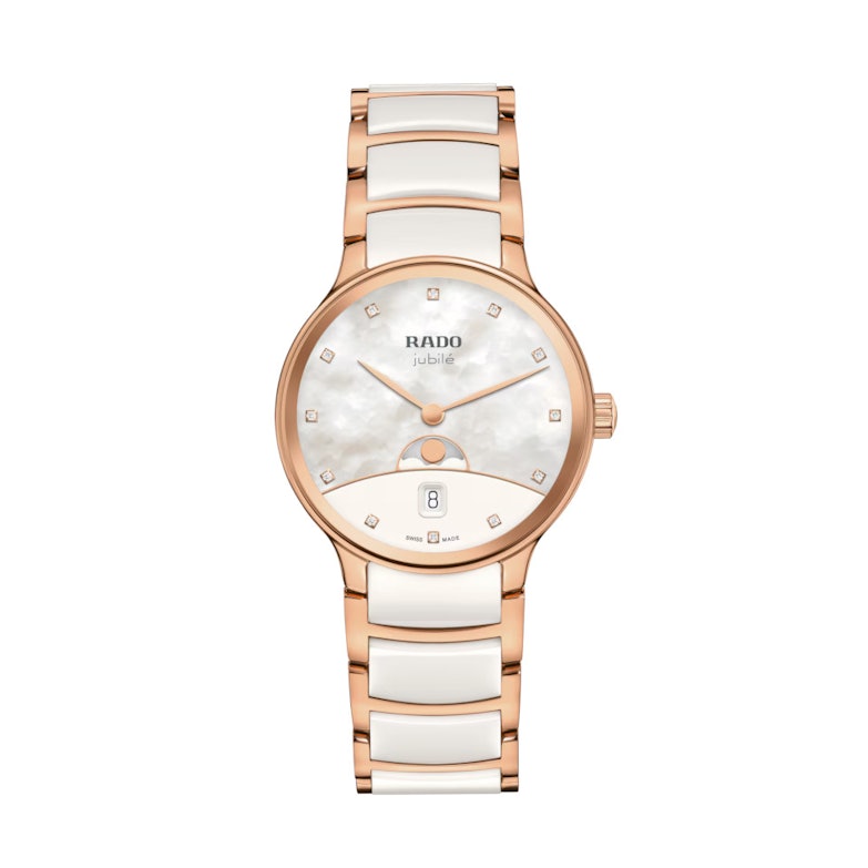 Rado Centrix Diamonds Quarz Edelstahl Roségold-PVD 35mm weißes Perlmutt-Zifferblatt mit Brillanten Metallband