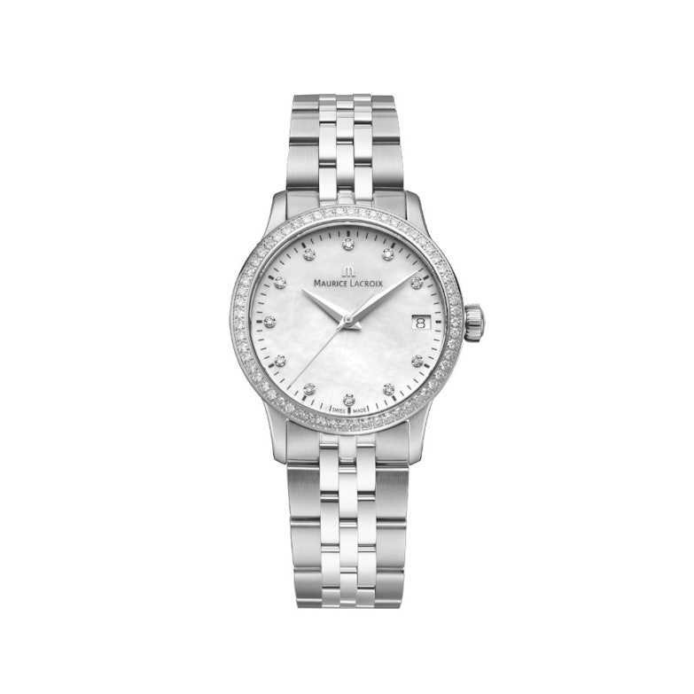 Maurice Lacroix 1975 Quarz Edelstahl 33mm silberfarbenes Perlmutt-Zifferblatt mit Brillanten Metallband