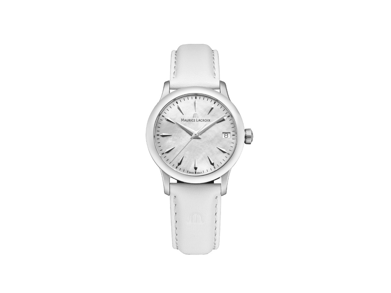 Maurice Lacroix 1975 Quarz Edelstahl 33mm silberfarbenes Perlmutt-Zifferblatt weißes Lederband