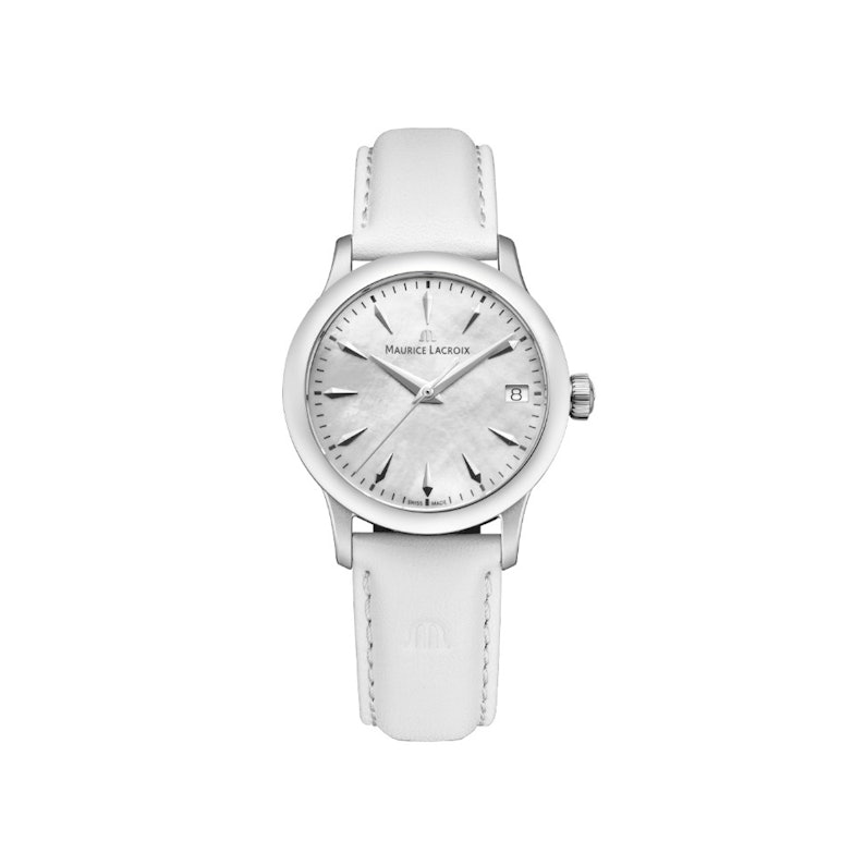 Maurice Lacroix 1975 Quarz Edelstahl 33mm silberfarbenes Perlmutt-Zifferblatt weißes Lederband