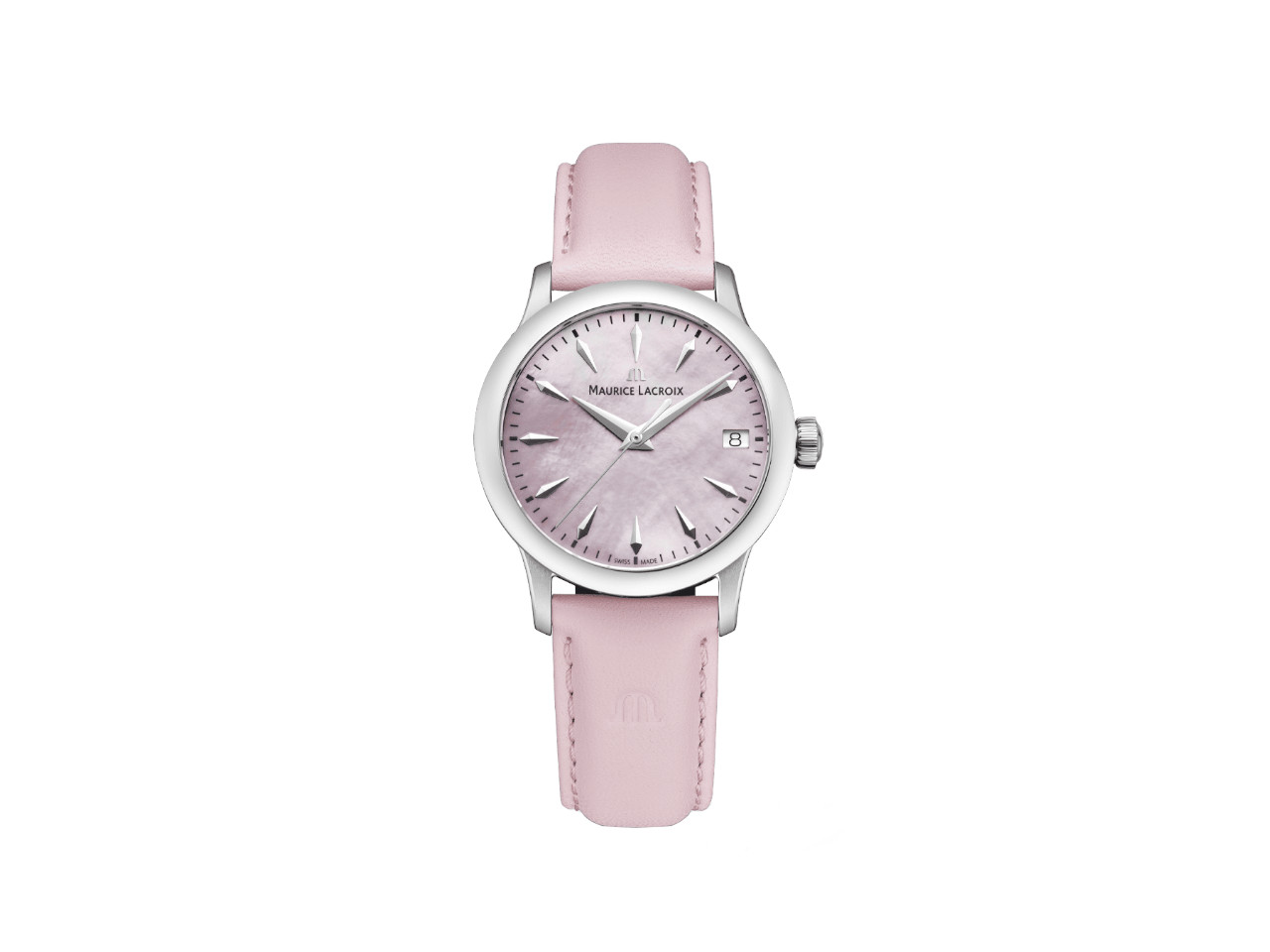 Maurice Lacroix 1975 Quarz Edelstahl 33mm rosafarbenes Perlmutt-Zifferblatt rosafarbenes Lederband