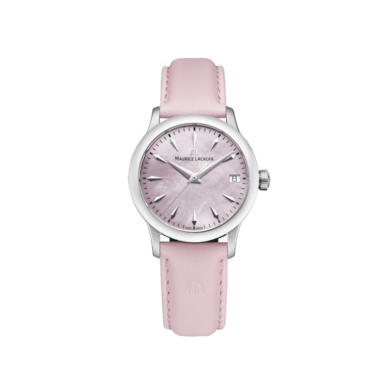 Maurice Lacroix 1975 Quarz Edelstahl 33mm rosafarbenes Perlmutt-Zifferblatt rosafarbenes Lederband
