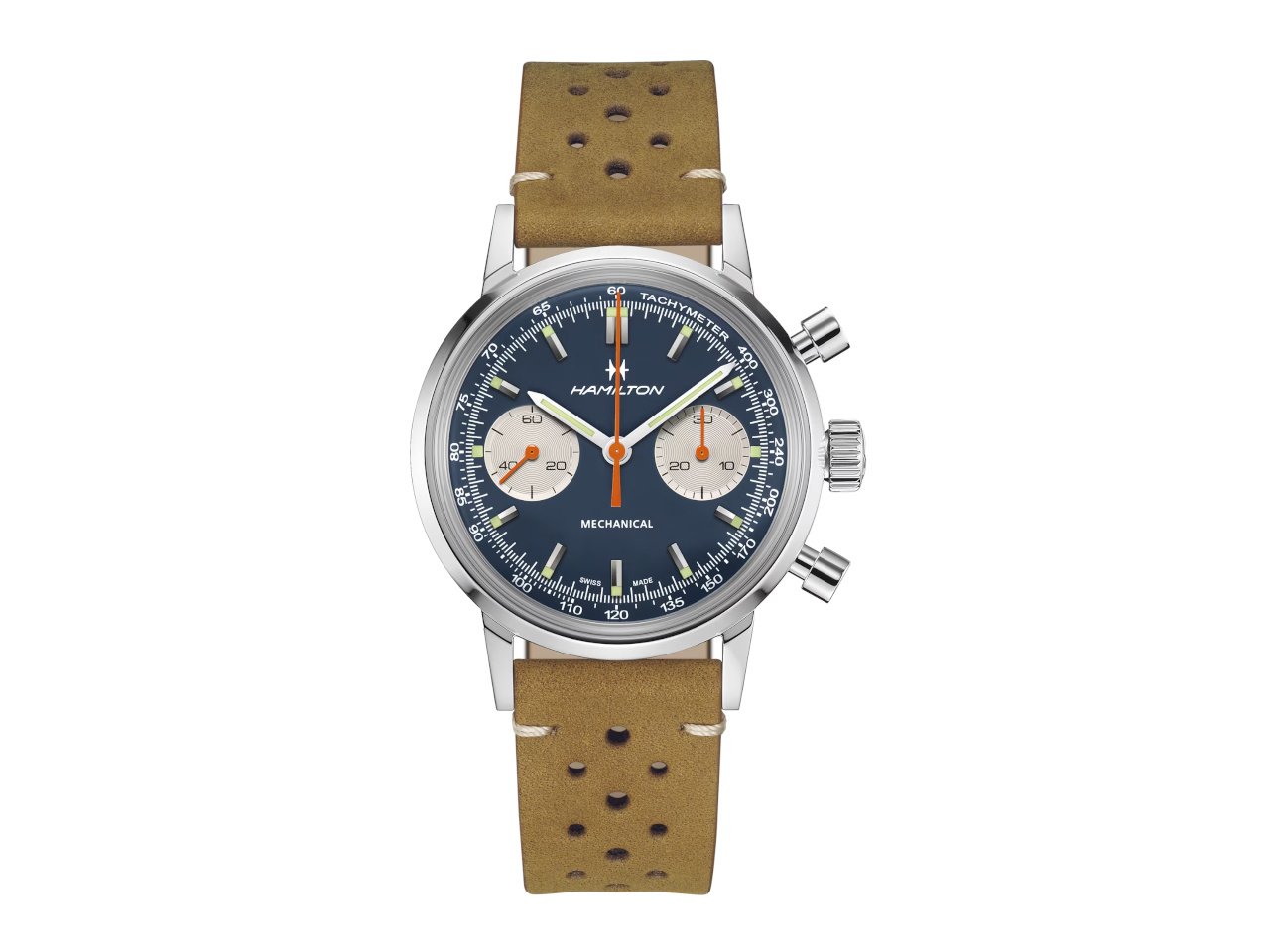 Hamilton American Classic Intra-Matic Chronograph H Handaufzug Edelstahl 40mm blaues Zifferblatt braunes Lederband