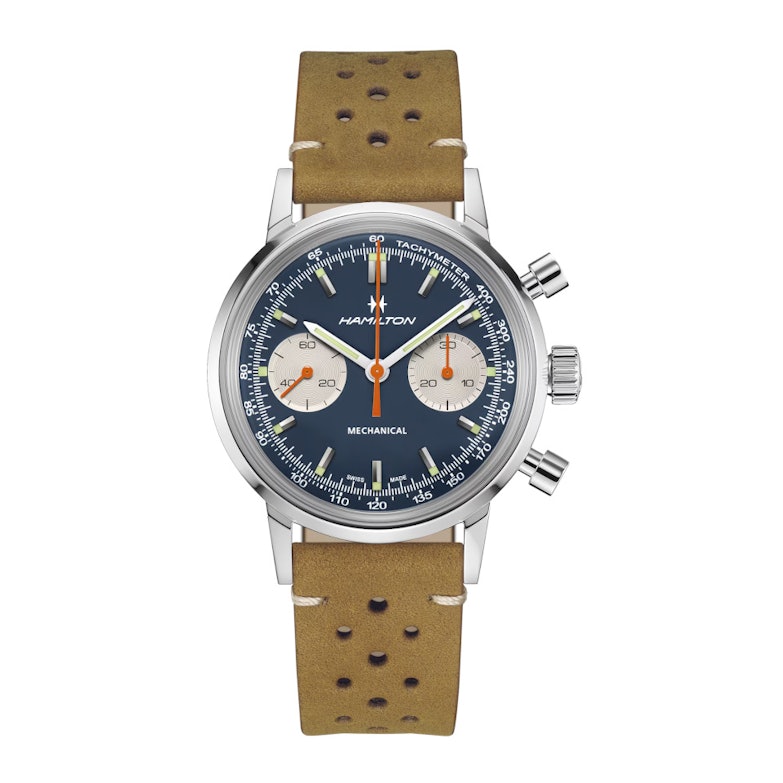 Hamilton American Classic Intra-Matic Chronograph H Handaufzug Edelstahl 40mm blaues Zifferblatt braunes Lederband