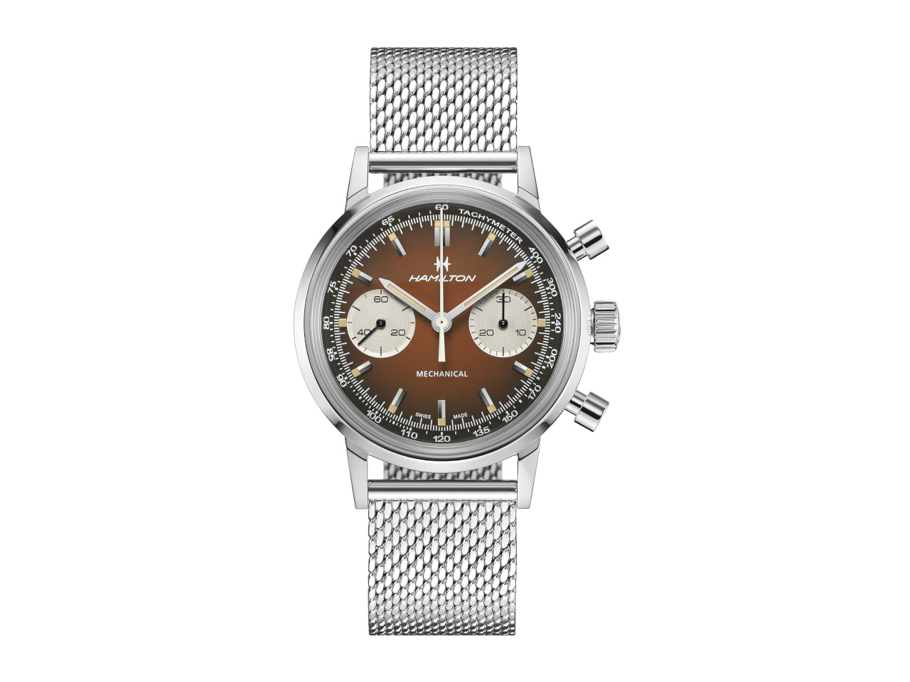 Hamilton American Classic Intra-Matic Chronograph H Handaufzug Edelstahl 40mm braunes Zifferblatt Metallband