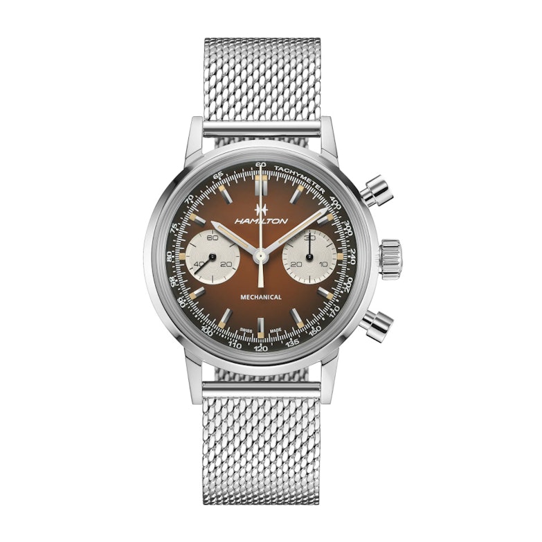 Hamilton American Classic Intra-Matic Chronograph H Handaufzug Edelstahl 40mm braunes Zifferblatt Metallband