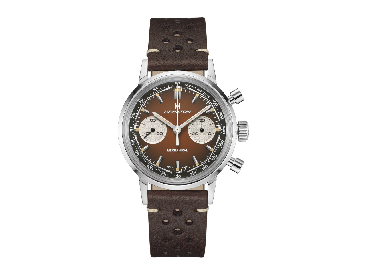 Hamilton American Classic Intra-Matic Chronograph H Handaufzug Edelstahl 40mm braunes Zifferblatt braunes Lederband