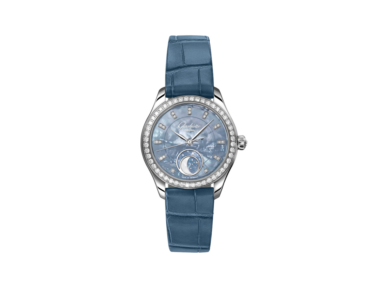 Glashütte Original Lady Serenade Luna Skyline Blau Automatik Edelstahl 32,5mm blaues Perlmutt-Zifferblatt blaues Lederband