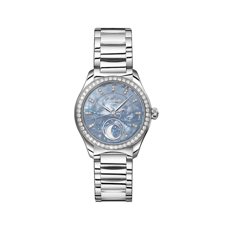 Glashütte Original Lady Serenade Luna Skyline Blau Automatik Edelstahl 32,5mm blaues Perlmutt-Zifferblatt Metallband