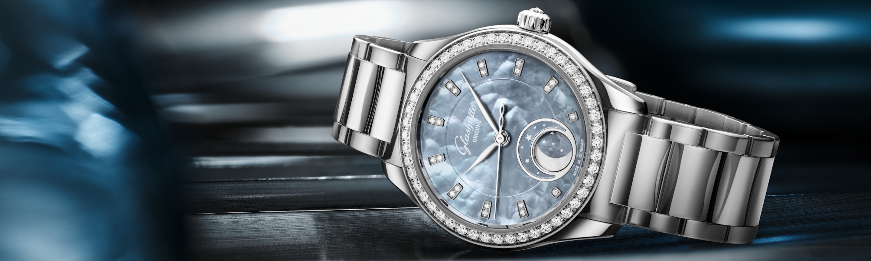 Juwelier Roller Startseitenbanner Glashütte Original Lady Serenade Luna Skyline Blau
