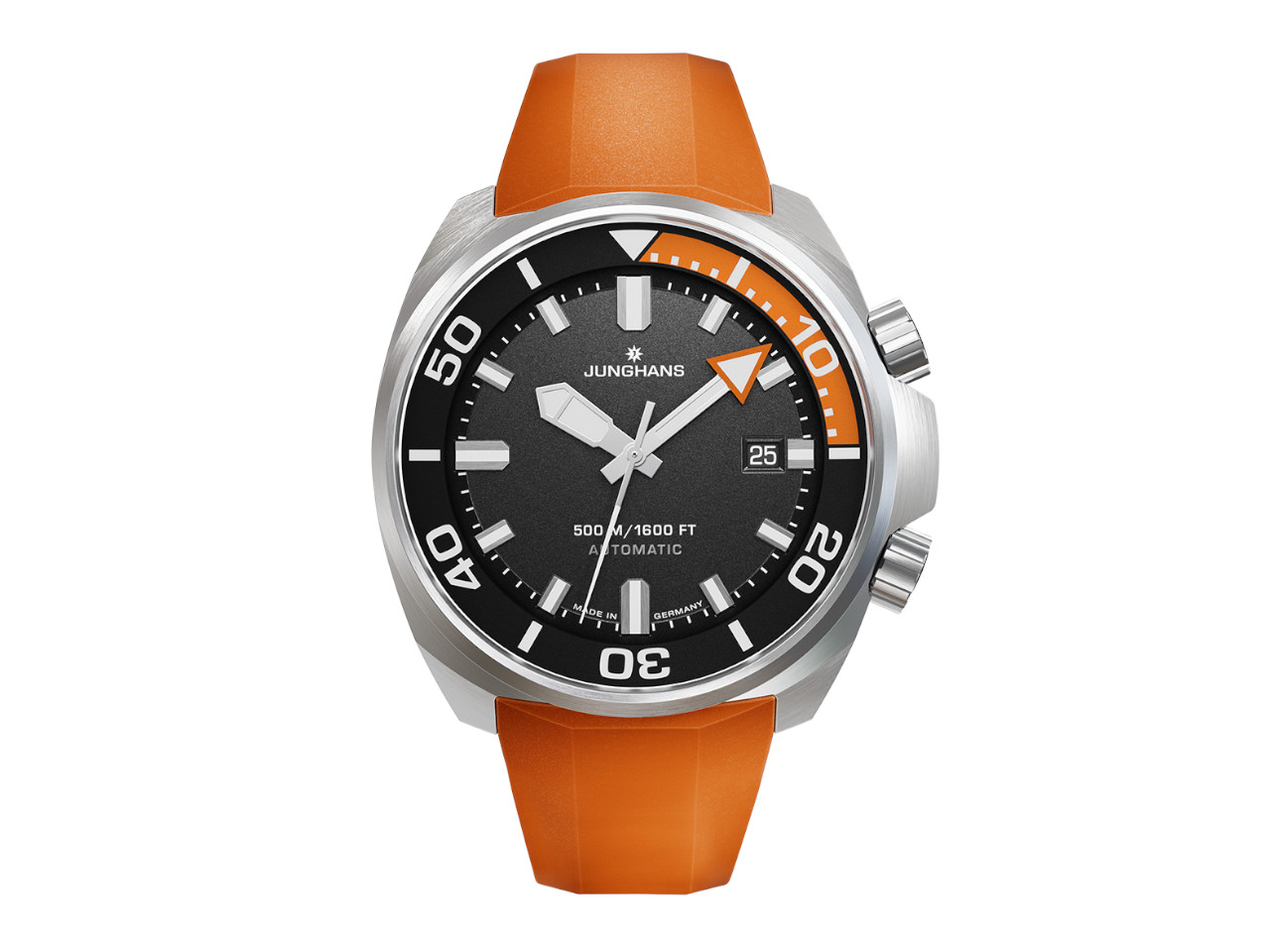 Junghans Aquaris Diver Automatik Edelstahl 47mm schwarzes Zifferblatt orangefarbenes Kautschukband