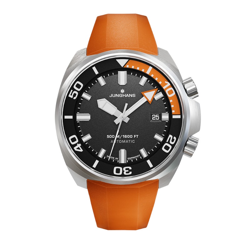 Junghans Aquaris Diver Automatik Edelstahl 47mm schwarzes Zifferblatt orangefarbenes Kautschukband
