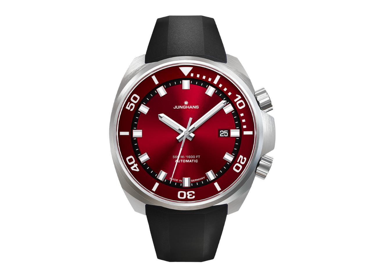 Junghans Aquaris Red Automatik Edelstahl 47mm rotes Zifferblatt schwarzes Kautschukband