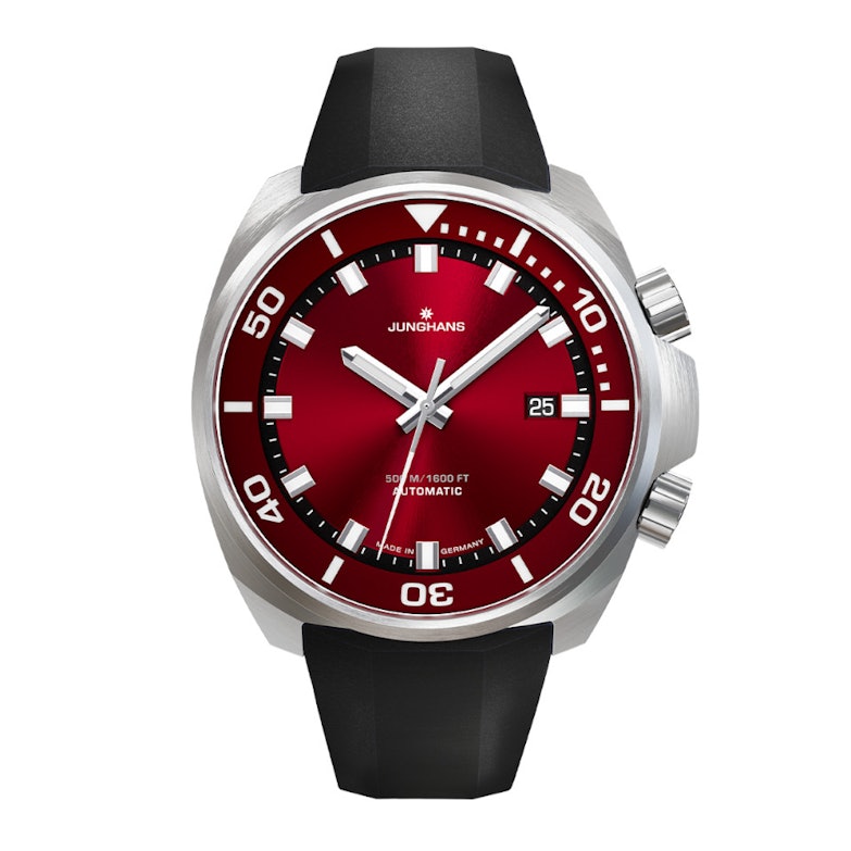 Junghans Aquaris Red Automatik Edelstahl 47mm rotes Zifferblatt schwarzes Kautschukband