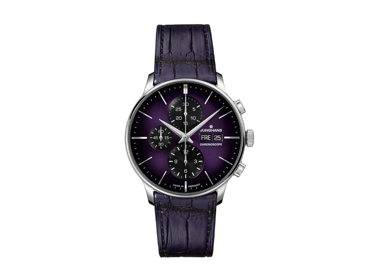 Junghans Meister Chronoscope Automatik Edelstahl 40mm violettes Zifferblatt violettes Lederband limitiert