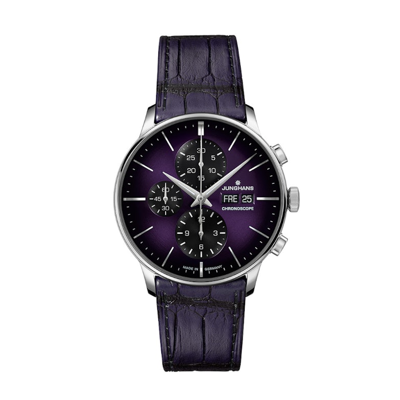 Junghans Meister Chronoscope Automatik Edelstahl 40mm violettes Zifferblatt violettes Lederband limitiert