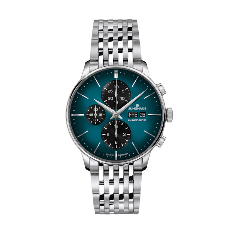 Junghans Meister Chronoscope Automatik Edelstahl 40mm petrolfarbenes Zifferblatt Metallband limitiert