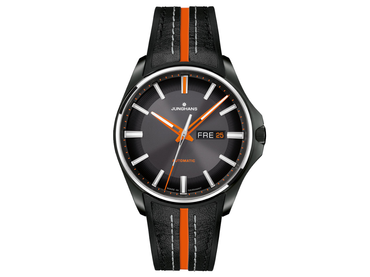 Junghans Meister S Automatik Edelstahl Schwarz-PVD 44mm graues Zifferblatt schwarzes Kautschukband