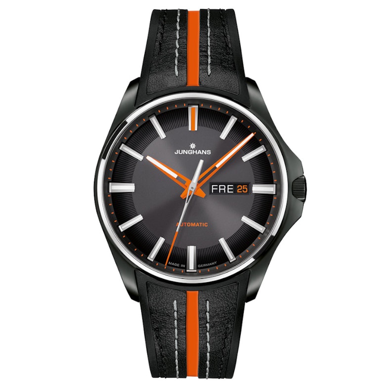 Junghans Meister S Automatik Edelstahl Schwarz-PVD 44mm graues Zifferblatt schwarzes Kautschukband