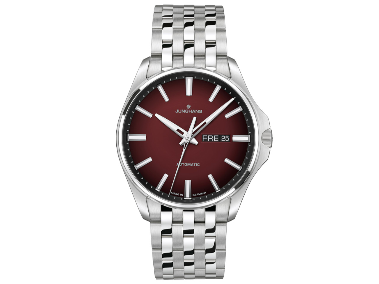 Junghans Meister S Automatik Edelstahl 44mm rotes Zifferblatt Metallband