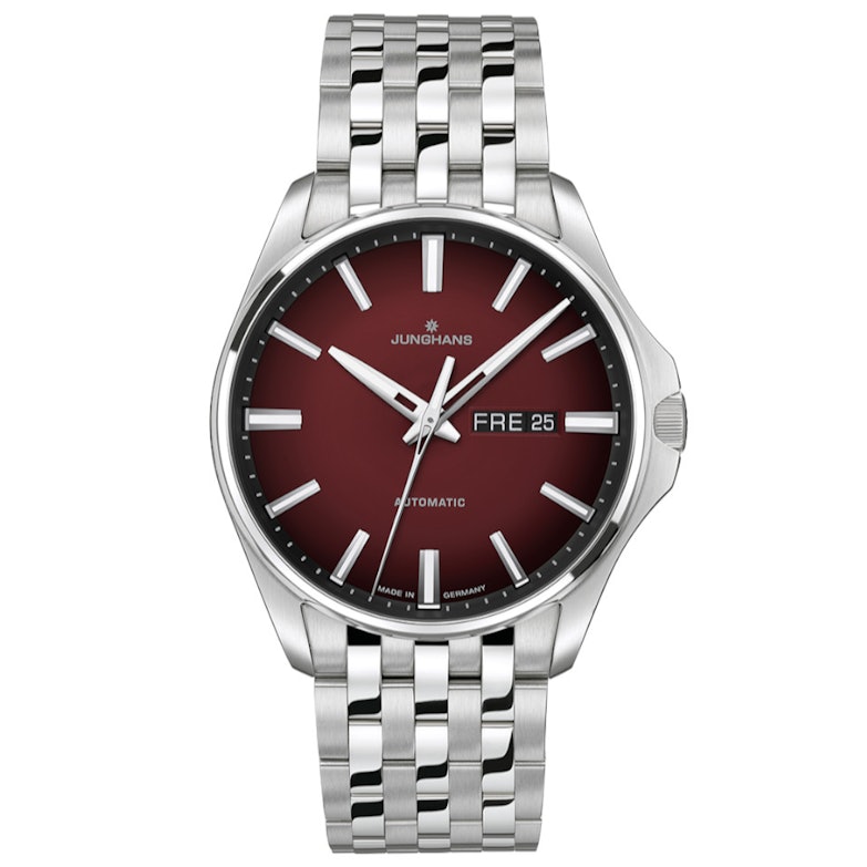 Junghans Meister S Automatik Edelstahl 44mm rotes Zifferblatt Metallband