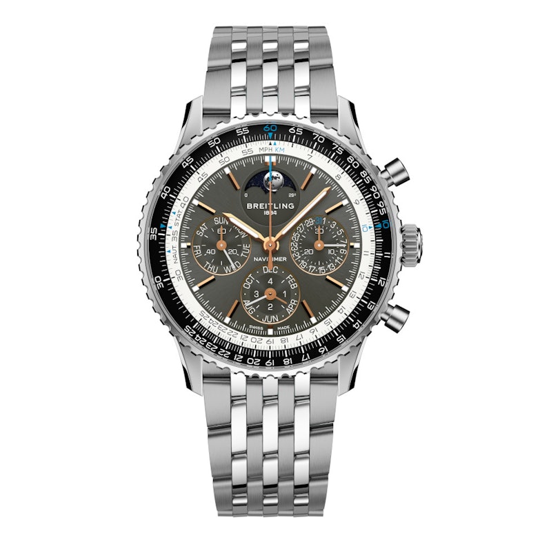 Breitling Navitimer B19 Chronograph 43 Perpetual Calendar Automatik Edelstahl graues Zifferblatt Metallband