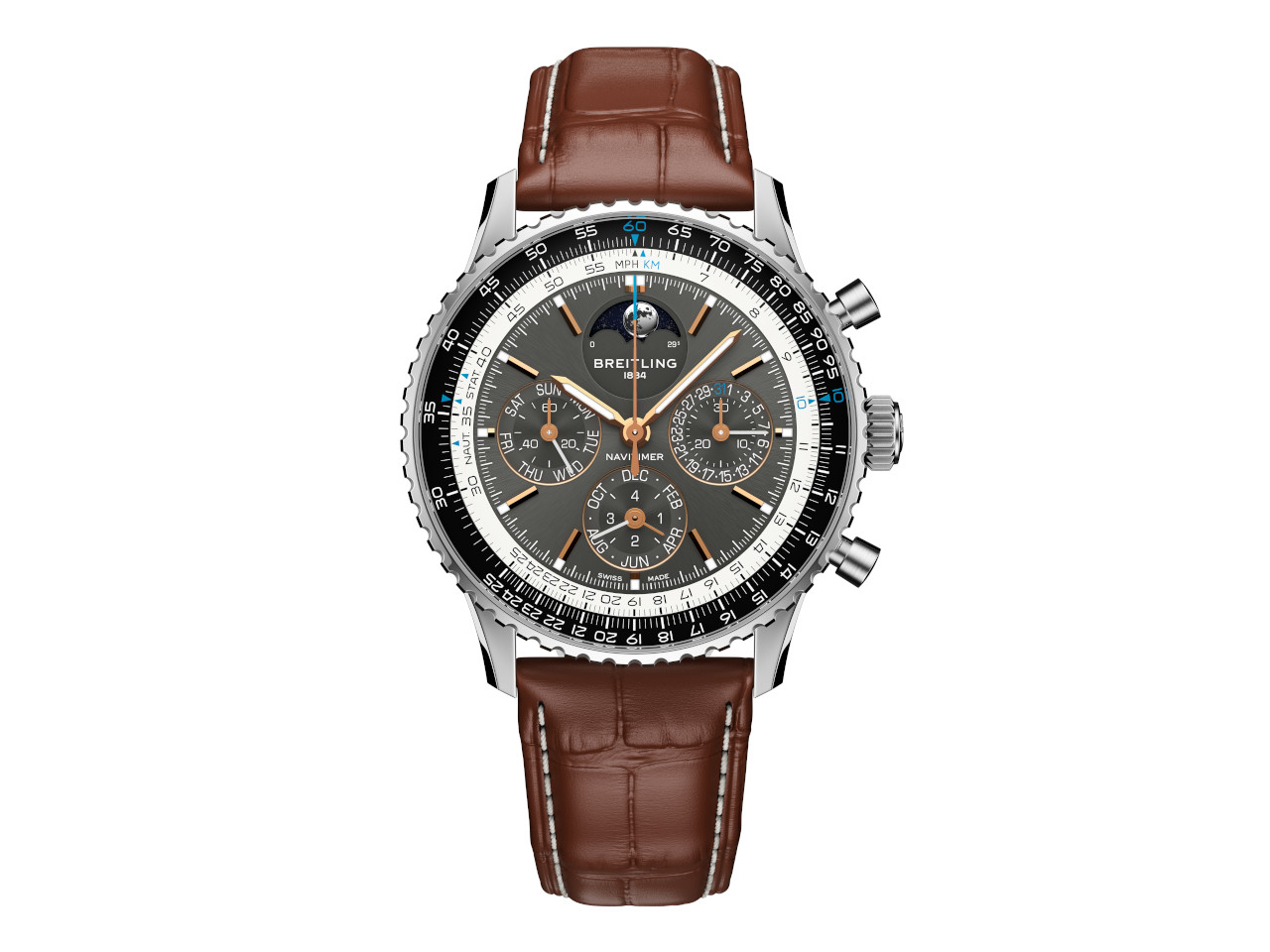 Breitling Navitimer B19 Chronograph 43 Perpetual Calendar Automatik Edelstahl graues Zifferblatt braunes Lederband