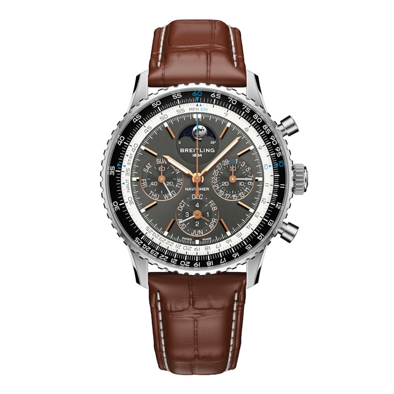 Breitling Navitimer B19 Chronograph 43 Perpetual Calendar Automatik Edelstahl graues Zifferblatt braunes Lederband