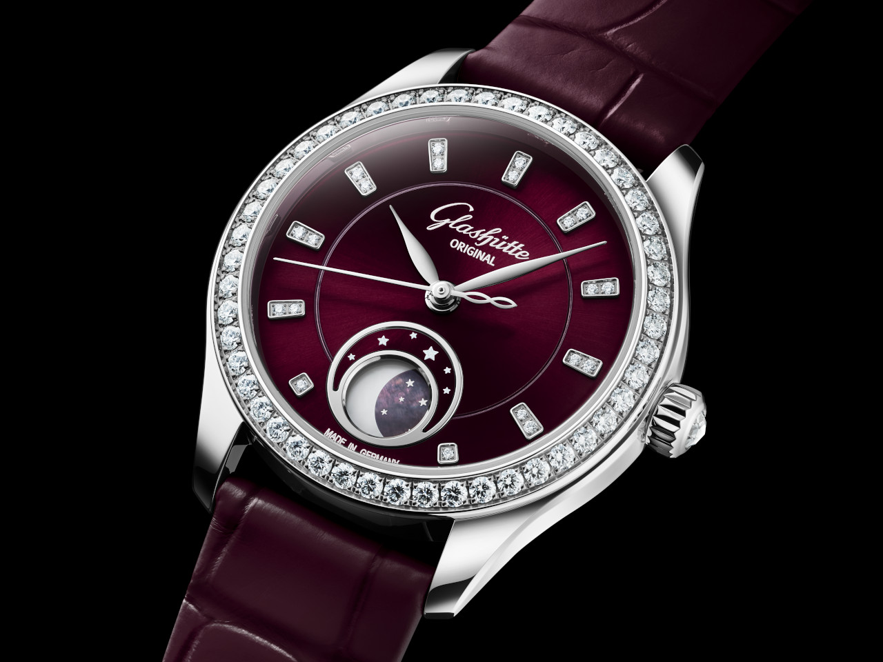 Glashütte Original Lady Serenade Luna Purpursamt Automatik Edelstahl 32,5mm violettes Zifferblatt violettes Lederband