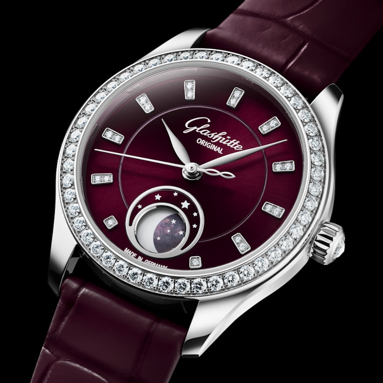 Glashütte Original Lady Serenade Luna Purpursamt Automatik Edelstahl 32,5mm violettes Zifferblatt violettes Lederband