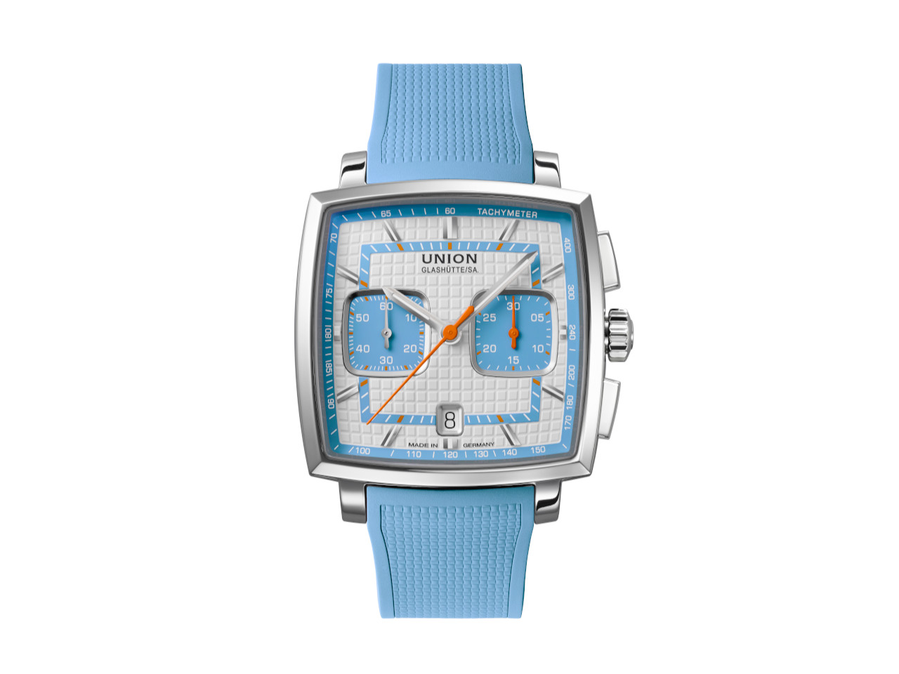 Union Glashütte Averin Chronograph Automatik Edelstahl 41mm weißes Zifferblatt blaues Kautschukband