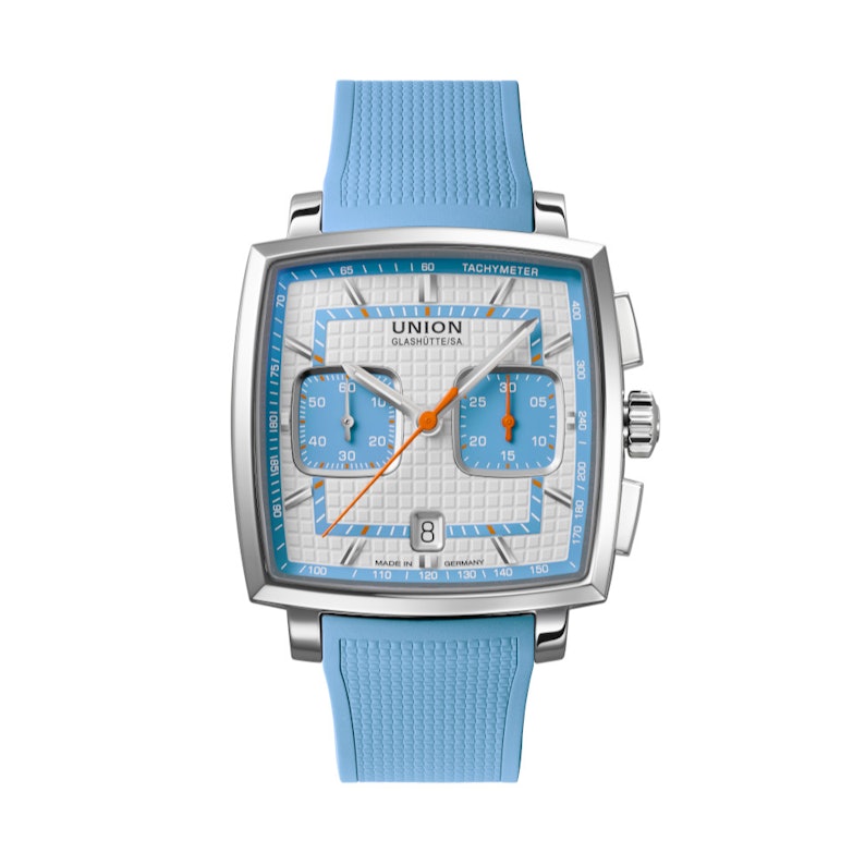 Union Glashütte Averin Chronograph Automatik Edelstahl 41mm weißes Zifferblatt blaues Kautschukband