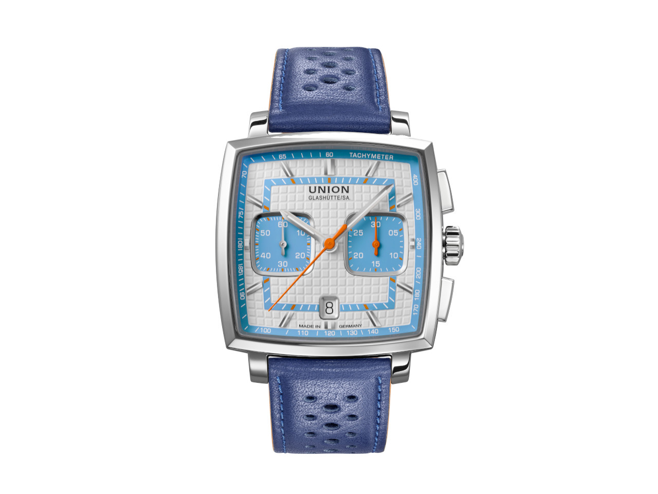Union Glashütte Averin Chronograph Automatik Edelstahl 41mm weißes Zifferblatt blaues Lederband