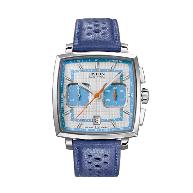 Union Glashütte Averin Chronograph Automatik Edelstahl 41mm weißes Zifferblatt blaues Lederband