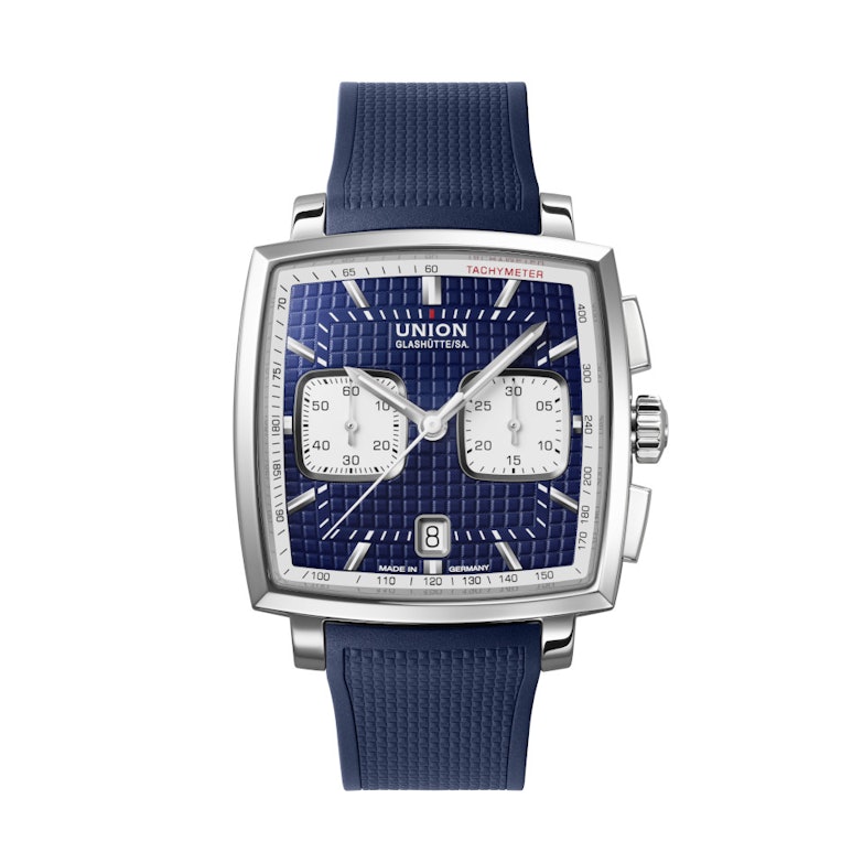 Union Glashütte Averin Chronograph Automatik Edelstahl 41mm blaues Zifferblatt blaues Kautschukband