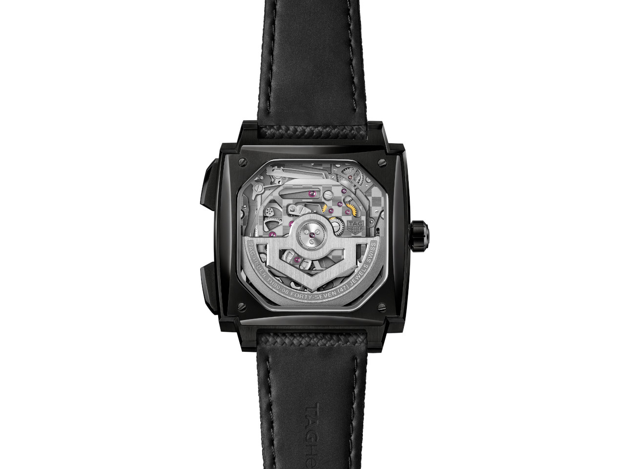 TAG Heuer Monaco Evergraph Automatik Titan DLC-Schwarz 40mm skelettiertes Zifferblatt schwarzes Kautschukband Gehäuseboden