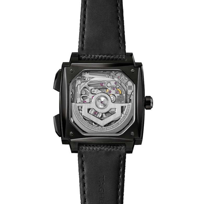 TAG Heuer Monaco Evergraph Automatik Titan DLC-Schwarz 40mm skelettiertes Zifferblatt schwarzes Kautschukband Gehäuseboden