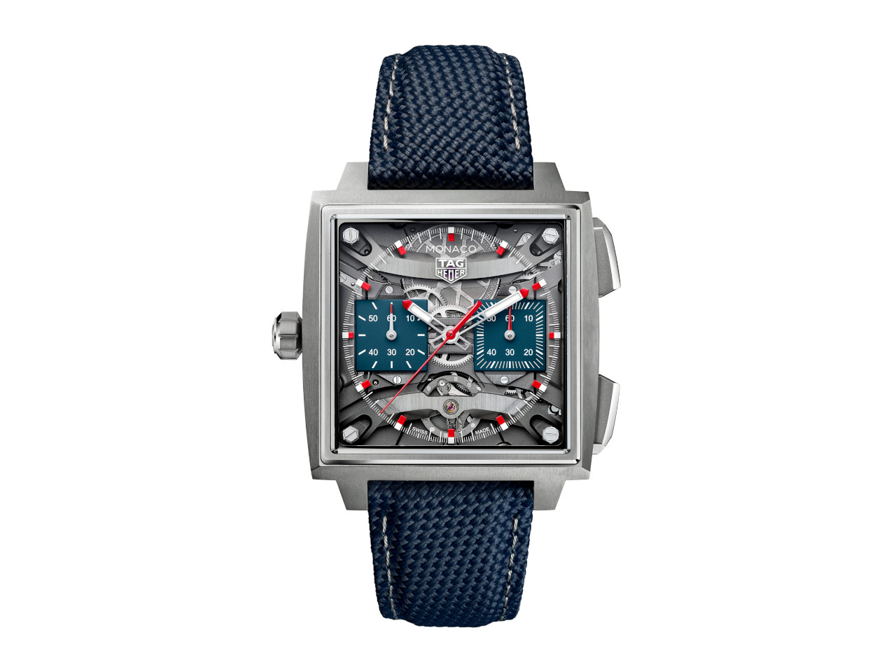 TAG Heuer Monaco Evergraph Automatik Titan 40mm skelettiertes Zifferblatt blaues Kautschukband