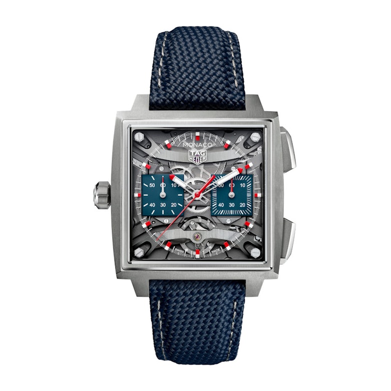 TAG Heuer Monaco Evergraph Automatik Titan 40mm skelettiertes Zifferblatt blaues Kautschukband