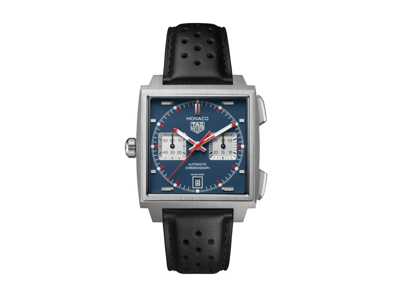 TAG Heuer Monaco Chronograph Automatik Titan 39mm blaues Zifferblatt schwarzes Lederband