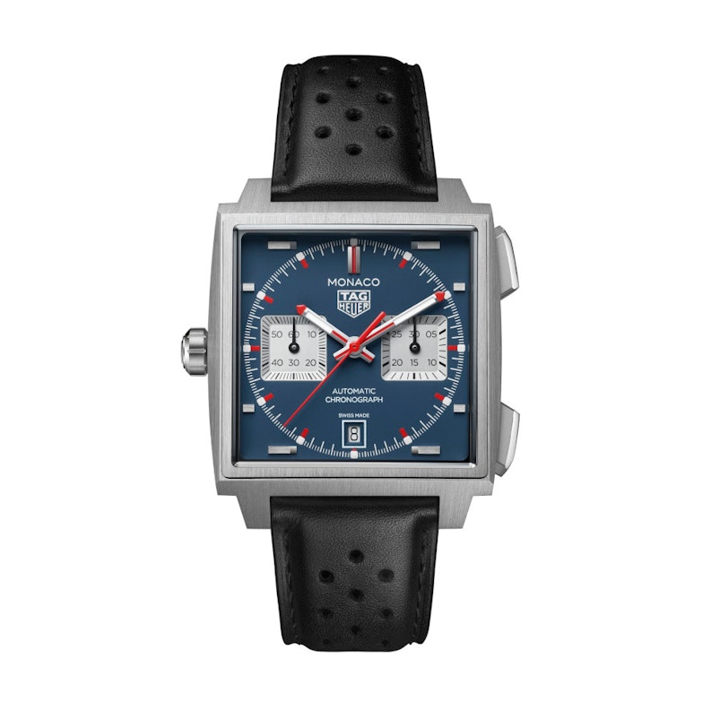 TAG Heuer Monaco Chronograph Automatik Titan 39mm blaues Zifferblatt schwarzes Lederband