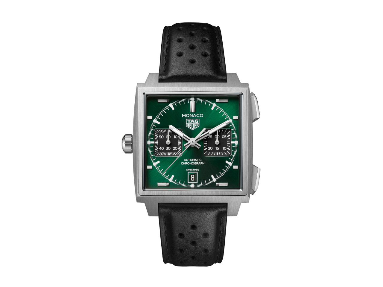 TAG Heuer Monaco Chronograph Automatik Titan 39mm grünes Zifferblatt schwarzes Lederband
